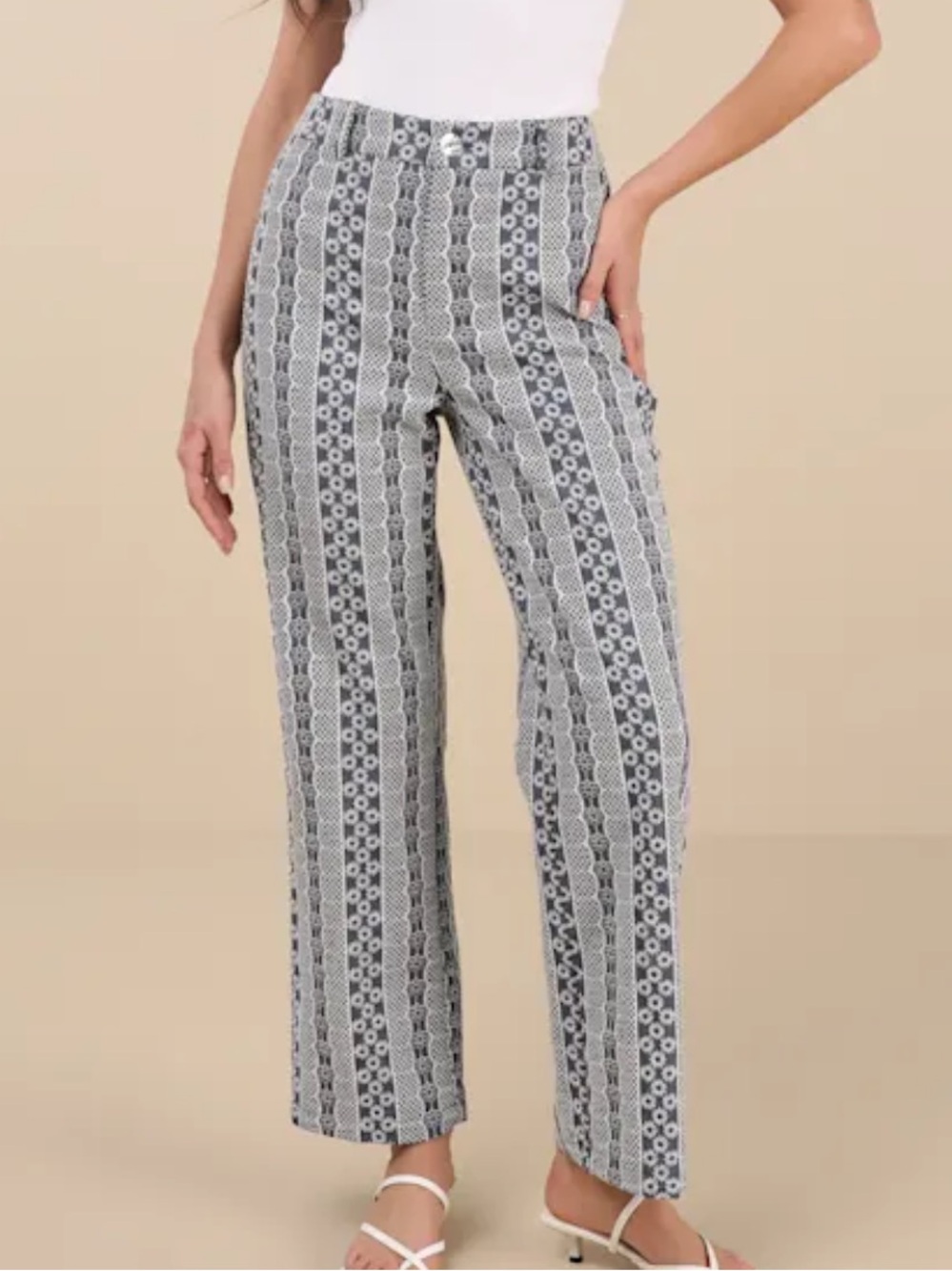 NWT Lulus Sunnier Scenes Blue and Ivory Embroidered High-Rise Pants
